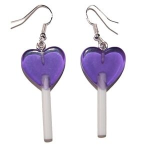 Lollipop Heart Earrings Purple Clear Resin  Hypoallergenic 925